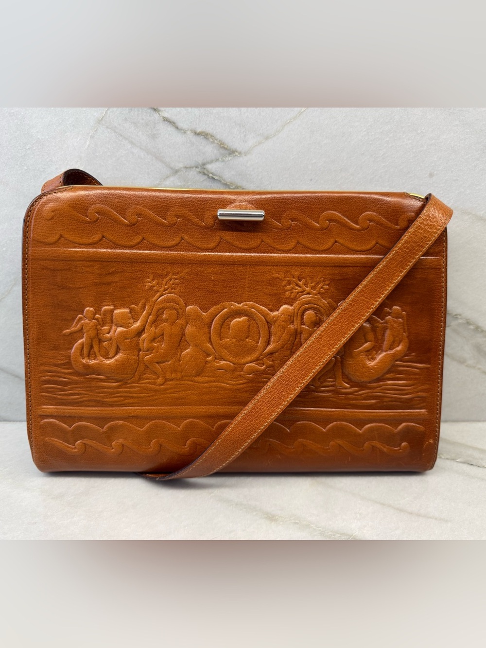 RARE Fendi Vintage 1980s Embossed Leather Crossbody/Clutch Bag in Cognac Brown
